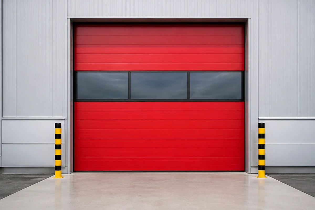 Spiral High Speed Door แผ่นอะลูมิเนียมสีแดงพร้อม Vision Panel กระจก หน้าโรงงานอุตสาหกรรม เสาป้องกันสีเหลือง-ดำ — XEKA AUTO DOOR