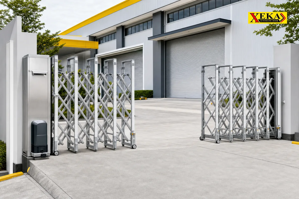 ประตูพับอัตโนมัติ Automatic Folding Gate มอเตอร์ ติดตั้งที่ทางเข้าโรงงาน — XEKA