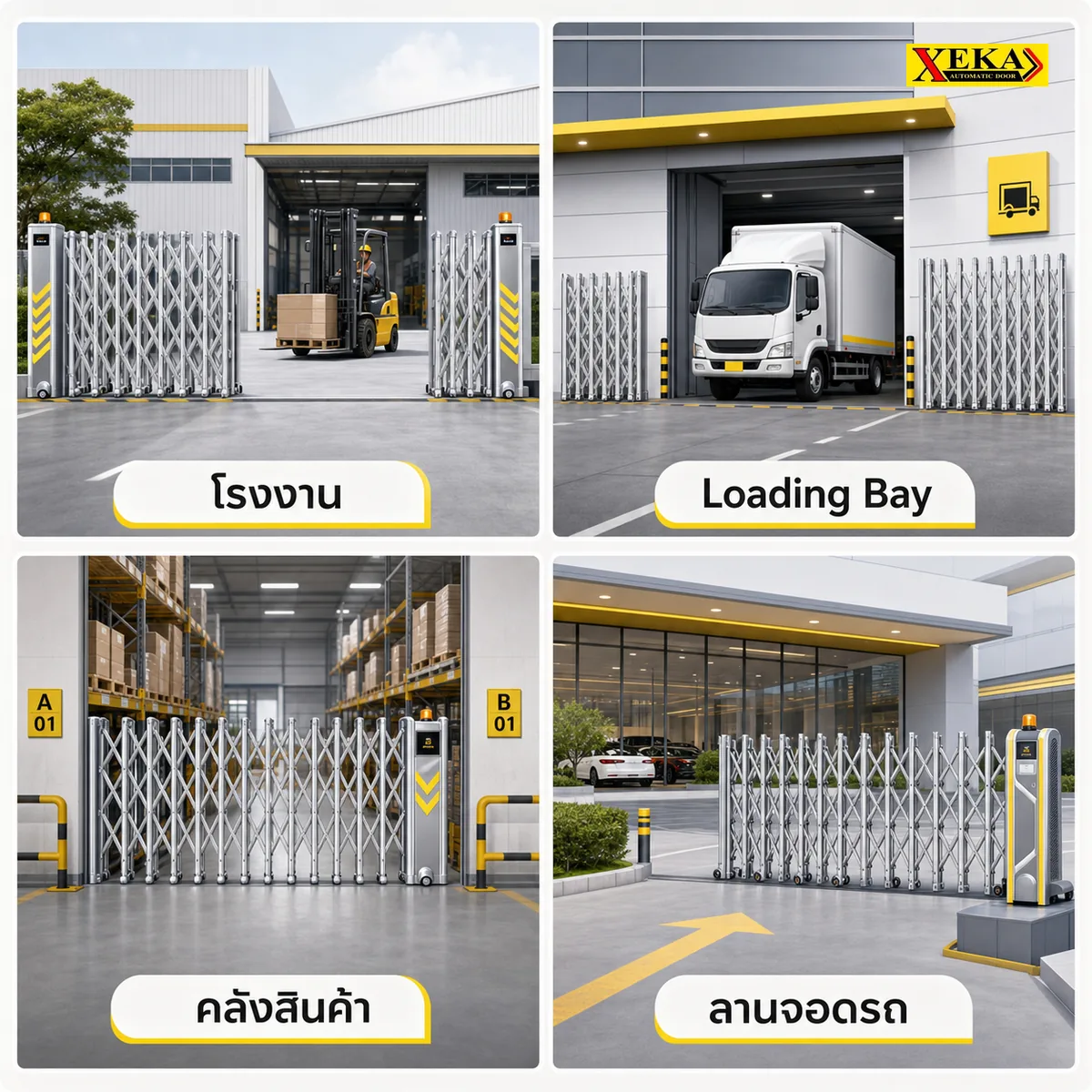4 ตัวอย่างการใช้งาน Automatic Folding Gate โรงงาน Loading Bay คลังสินค้า ลานจอดรถ — XEKA