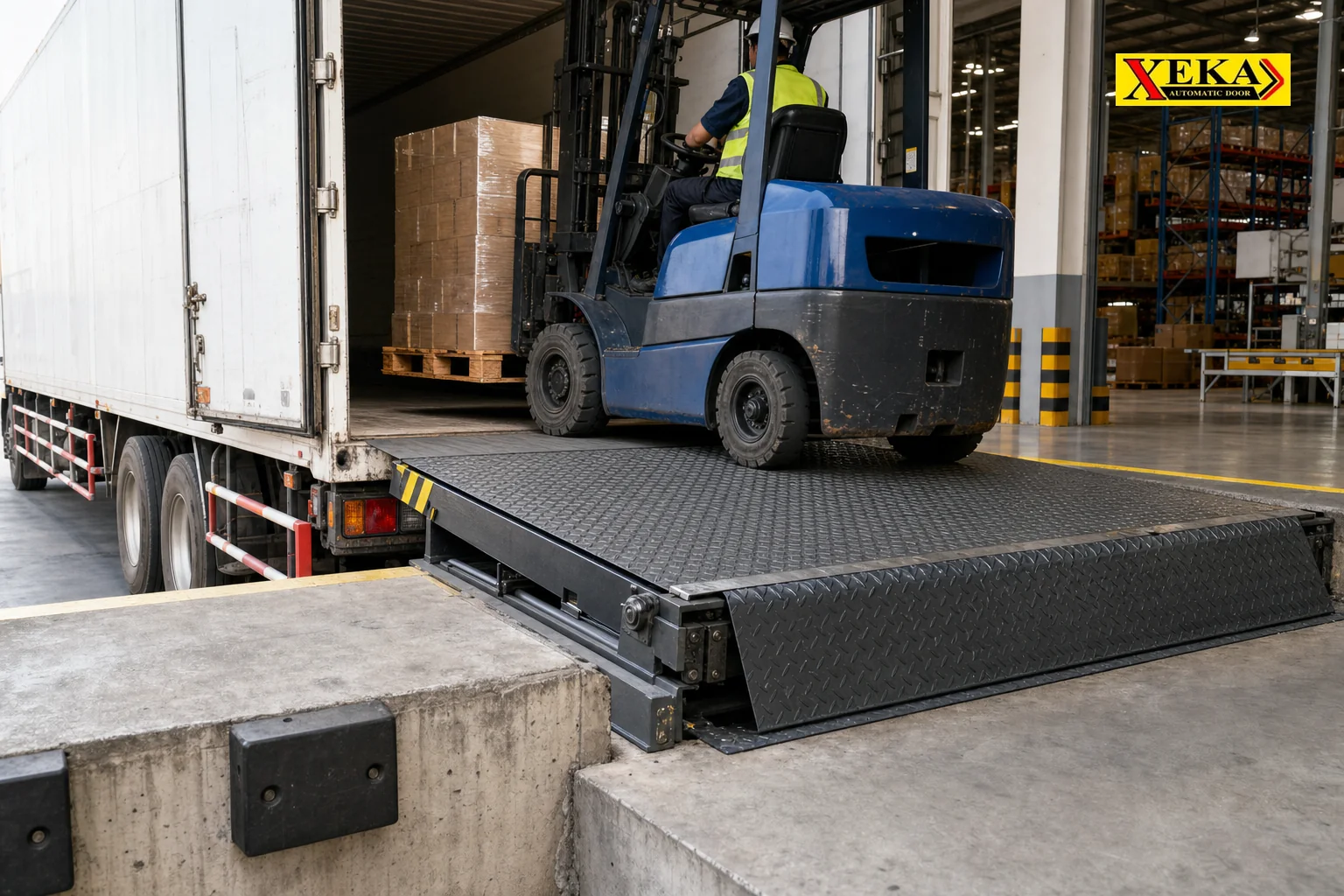 Dock Leveler XEKA แท่นปรับระดับท่าเทียบรถบรรทุก ติดตั้งในโกดังพร้อมรถบรรทุก 6 ล้อและ Forklift
