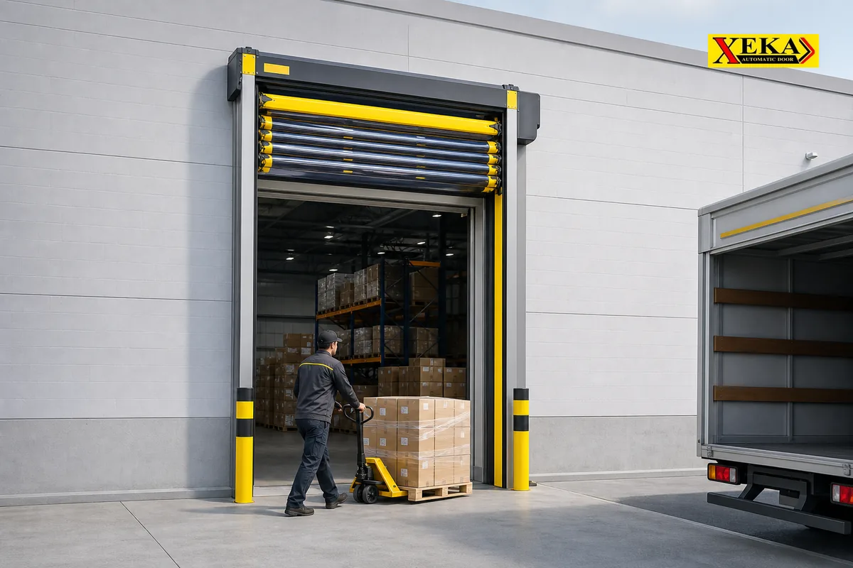 ประตู Flexible Gate เปิดรับรถ Pallet Jack บรรทุกสินค้าผ่านทาง Loading Dock โรงงานอุตสาหกรรม XEKA
