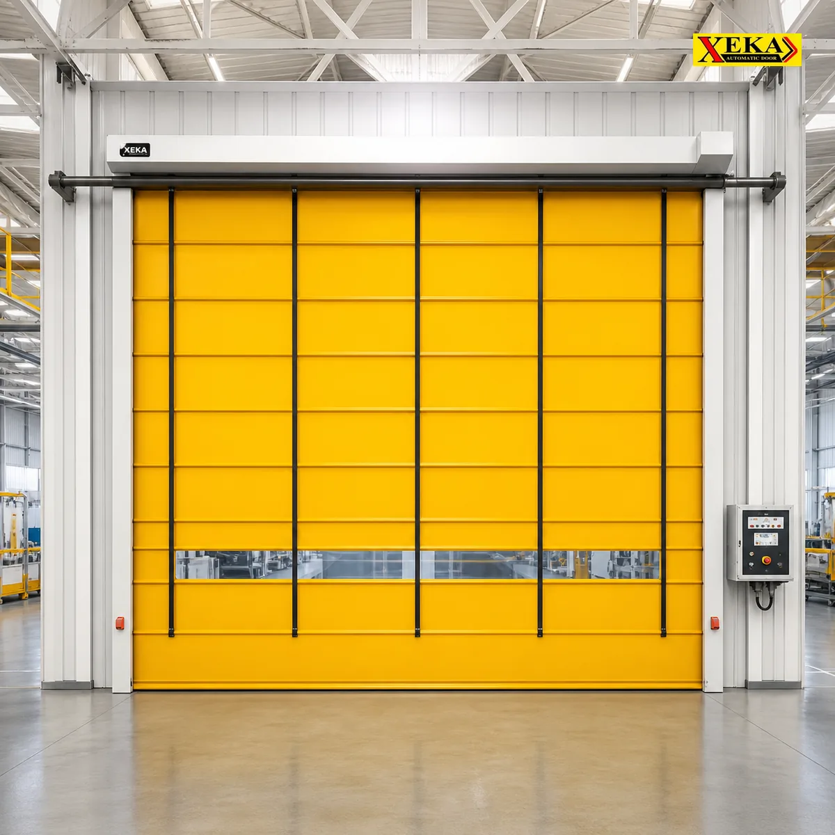 ประตู Flexible Gate High Speed Stacking Door ติดตั้งในโรงงาน ปิดสนิท กรอบอลูมิเนียม แผงควบคุม XEKA
