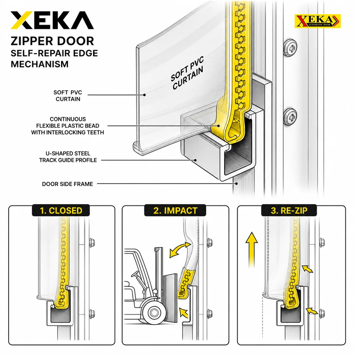 ภาพตัดขวางกลไก Zipper Door แสดงวิธีที่ขอบ PVC ซ่อมตัวเองหลังถูกชน