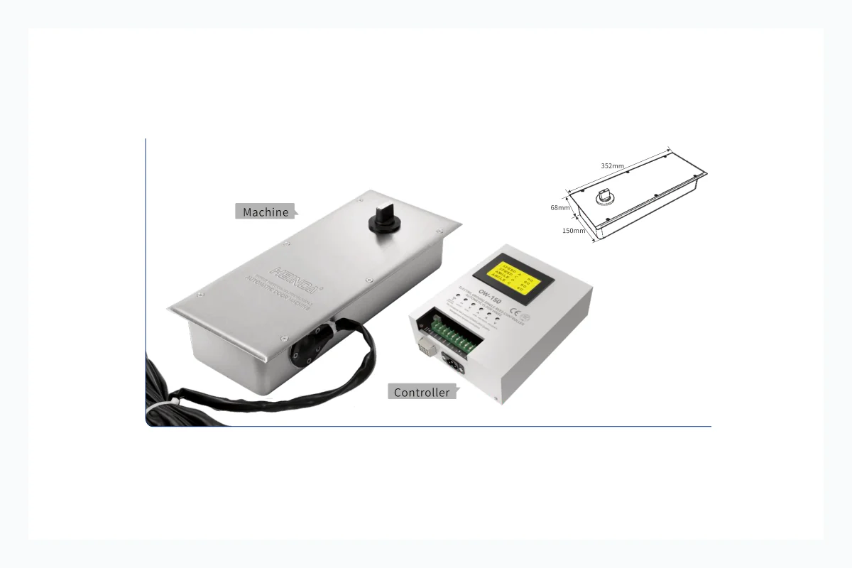 Catalog crop of automatic swing door operator with controller and installation accessories