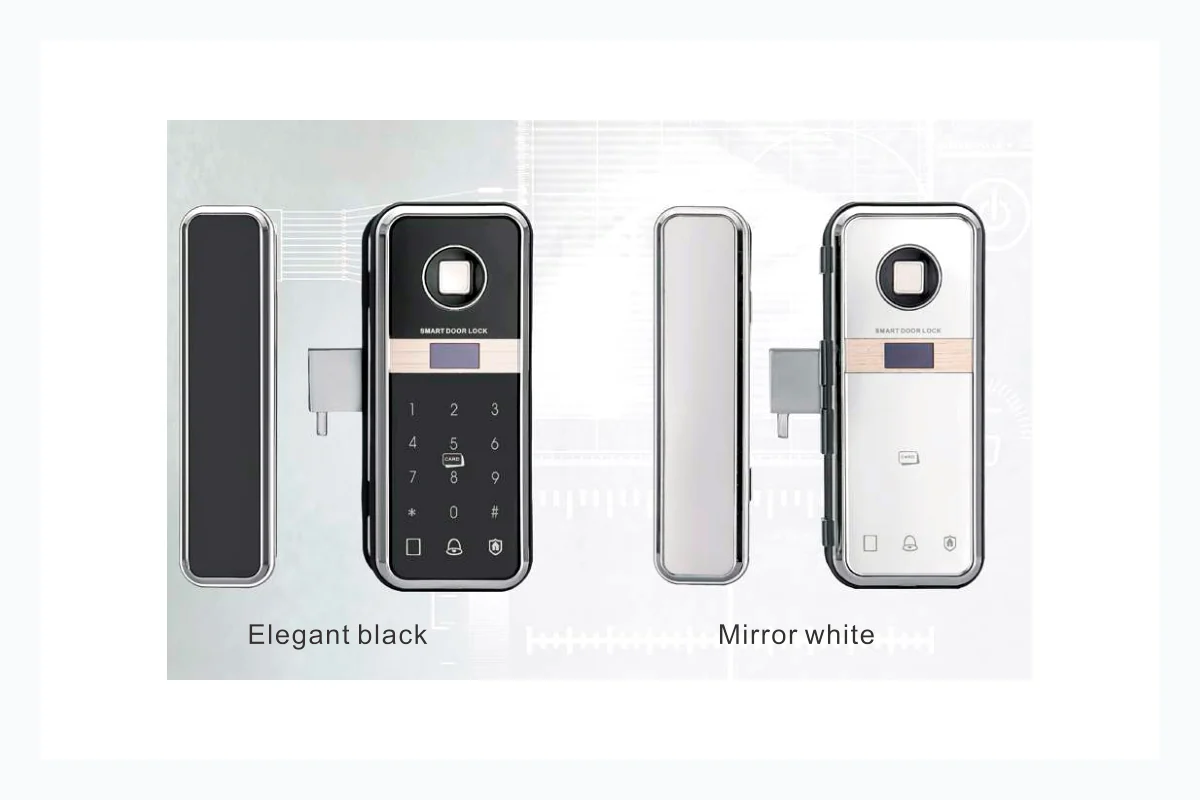 Catalog crop of black and white glass door smart lock models