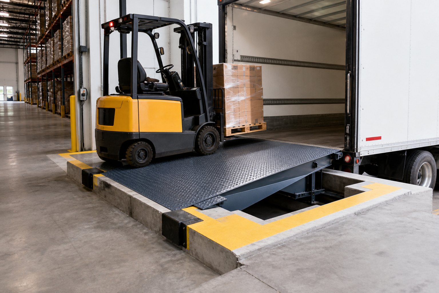 รถยกขนพาเลทผ่าน Dock Leveler ระหว่างคลังสินค้ากับรถบรรทุก